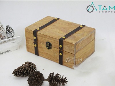 Rương gỗ mini cổ điển viền da đinh tán tặng kèm ổ khóa số 18